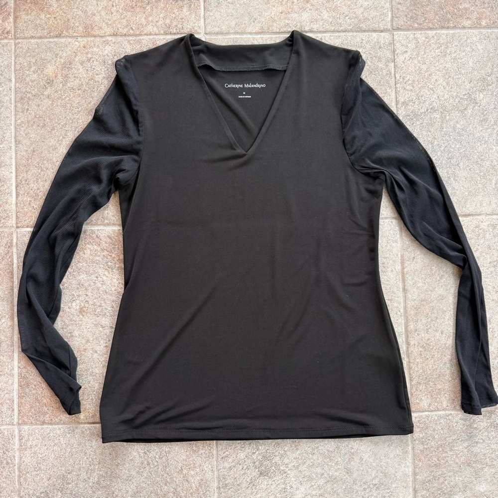 Catherine Malandrino Black V-Neck Mesh Long Sleeves Top